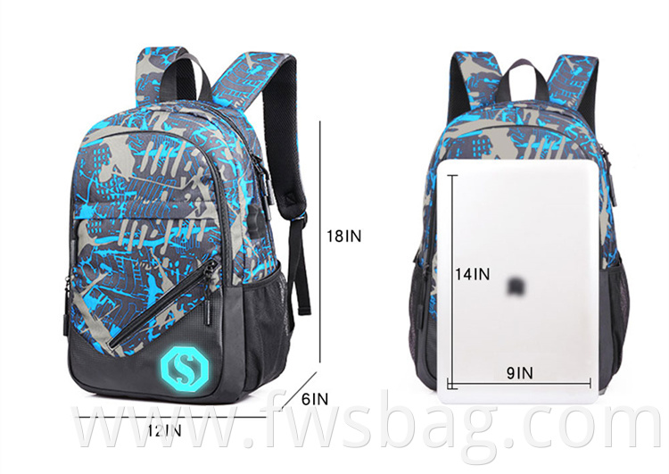 Custom High School Boys Girls Water Resistant Nylon Full Print Luminous Laptop Backpack Bags